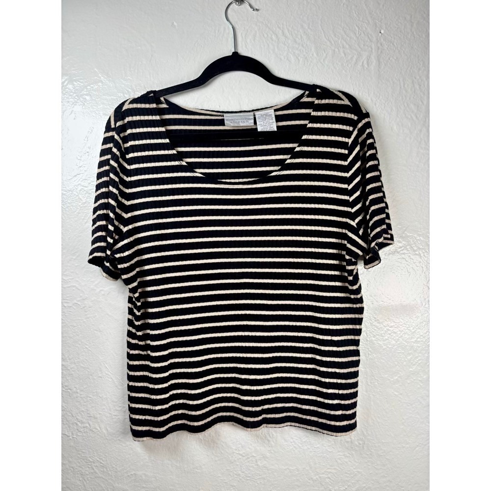 Worthington‎ Stretch Ribbed Striped T-Shirt XL Black Cream Capsule Work Parisian